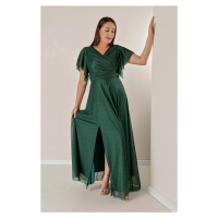 By Saygı Plus Size Long Glittery Dress with a Double Breasted Collar Draping and Linen