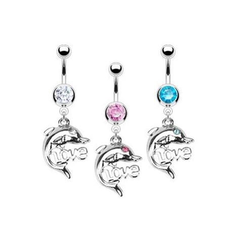Ocelový piercing do pupíku - delfín, LOVE - Barva zirkonu: Růžová - P Šperky eshop