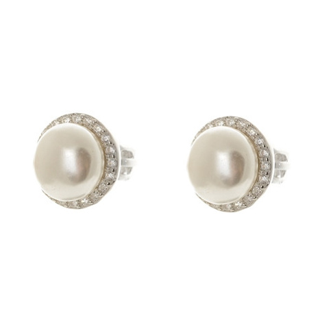 Dámské stříbrné naušnice s perlou a čirými zirkony 66116F Silver style