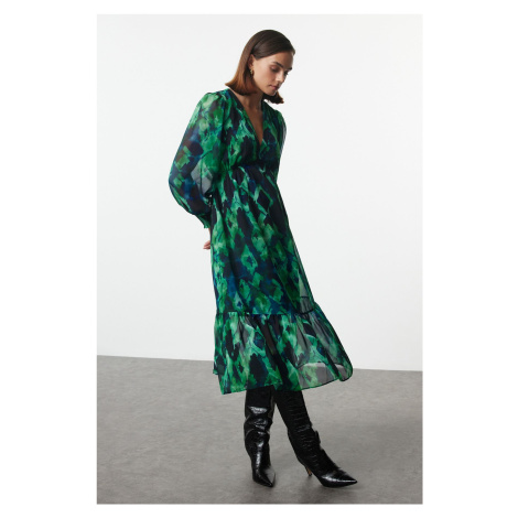 Trendyol Green Abstract Patterned Waist Opening Lined Midi Chiffon Woven Dress