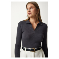 Happiness İstanbul Women's Anthracite Polo Neck Ribbed Knitted Blouse
