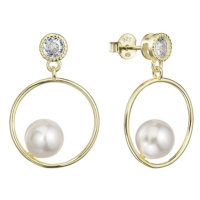 Pozlacené stříbrné náušnice kruhy s bílou perlou shell a zirkonem 11411.1 Au plating