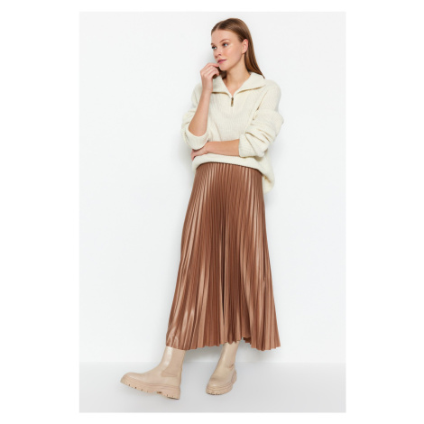 Trendyol Mink Pleated Maxi Stretchy Knitted Skirt