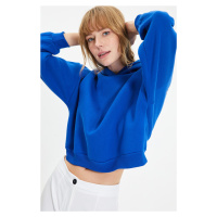 Trendyol Sax-Back Print Detailed Hooded Thick Fleece Inner Knitted Sweatshirt