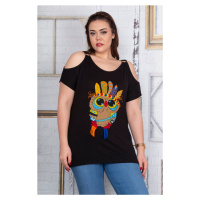 Şans Women's Plus Size Black Blouse with Embroidery Detail on the Front, Low-Cut Off the Shoulde