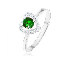 Prsten ze stříbra 925, blyštivá kontura srdce, zelený kulatý zirkon