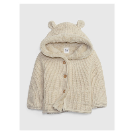 Béžový dětský žebrovaný svetr s kapucí a umělým kožíškem GAP