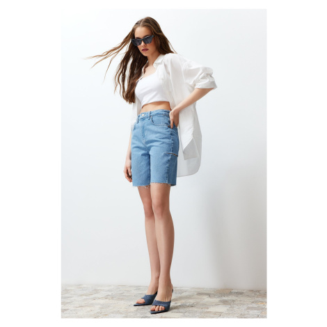 Trendyol Light Blue Ripped High Waist Denim Shorts & Bermuda