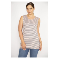 Şans Women's Pink Plus Size Crew Neck Sleeveless Striped Blouse