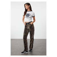 Trendyol Brown Leopard Patterned Straight Cut Woven Trousers