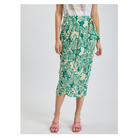 Krémovo-zelená dámská vzorovaná zavinovací midi sukně s příměsí lnu ORSAY