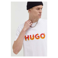 Bavlněné tričko HUGO béžová barva, s potiskem, 50504542