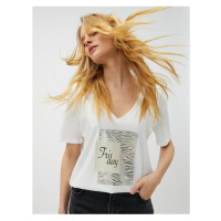 Koton V-Neck T-Shirt with a Shiny Print Cotton