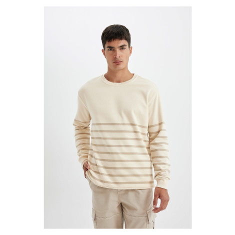 DEFACTO Men's Beige Comfort Regular Fit Casual Pattern Crew Neck Striped Thick Fabric Sweatshirt