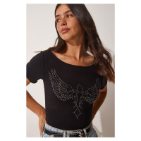Happiness İstanbul Women's Black Wing Embroidered Viscose Knitted T-Shirts