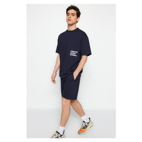 Trendyol Navy Blue Tracksuit Relaxed/Comfortable Cut Text Printed Cotton