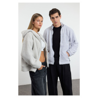 Trendyol Grey Oversize/Wide Cut Zipper Pocket Couple Plush Sweatshirt