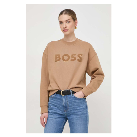 Bavlněná mikina BOSS dámská, béžová barva, s aplikací Hugo Boss