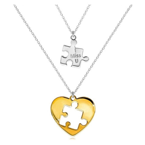 Dvojset ze stříbra 925 - dva náhrdelníky, puzzle s nápisem, srdce s vyřezaným dílkem puzzle upro Šperky eshop