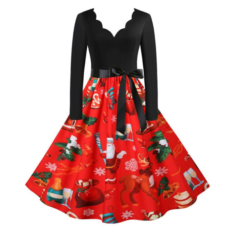 Áčkové šaty s vlnitým výstřihem a vánočními vzory