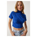 Happiness İstanbul Women's Blue Gathered High Neck Knitted Blouse