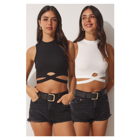 Happiness İstanbul Women's Black and White 2-Pack Halter Collar Corduroy Crop Knitted Blouse