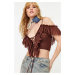 Trendyol Brown Crop Ruffle Knitted Blouse