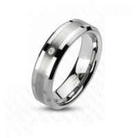 Prsten z wolframu s matným středovým pásem a čirým zirkonem, 6 mm