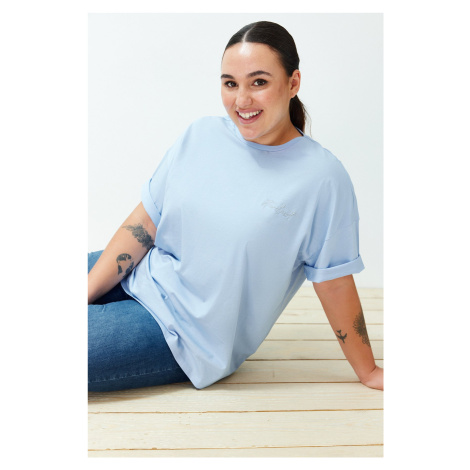 Trendyol Curve Light Blue Metallic Embroidery Detail Oversize Knitted T-shirt