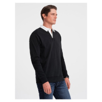 Men's sweatshirt with white polo collar - black V6 OM-SSNZ-0132