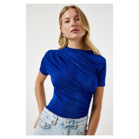 Happiness İstanbul Women's Blue Gathered Detailed Viscose Blouse