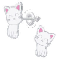 Klenoty Amber Stříbrné náušnice na šroubek Kočička bílá s růžovými oušky