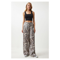 Happiness İstanbul Women's Black Beige Leopard Patterned Palazzo Trousers