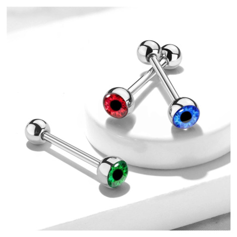 Piercing do jazyka z oceli 316L - barevné oko, rovná činka - Barva: Zelená Šperky eshop