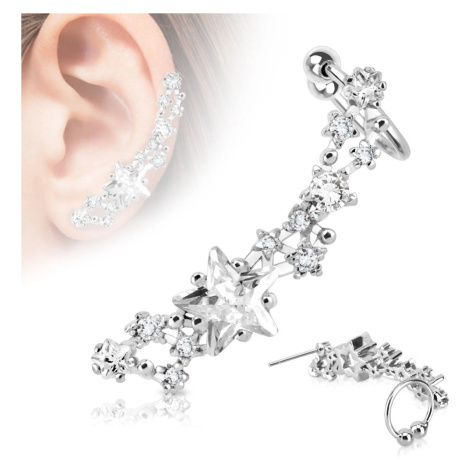 Fake ocelový piercing do ucha stříbrné barvy, rhodiovaný - třpytivé čiré hvězdičky - Tvar: Pravý Šperky eshop