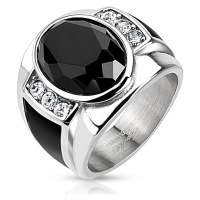 Ocelový prsten s černým broušeným oválem, čirými zirkony a černými pásy