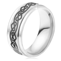 Ocelový prsten - lesklá stříbrná obroučka, zvlněná linie, srdce