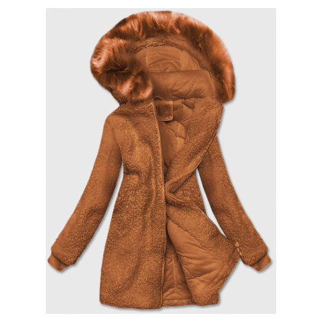 Dámská bunda "beránek" v karamelové barvě s kapucí (H-1030-37)