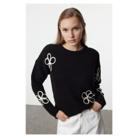 Trendyol Black Ribbed Wide Cut Floral Patterned Crew Neck Knitwear Sweater