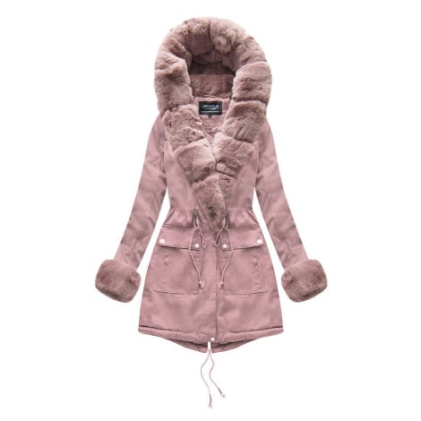 Bavlněná dámská zimní bunda parka ve starorůžové barvě s kožešinou (XW805X)  | Modio.cz