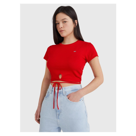 Červené dámské žebrované cropped tričko se zavazováním v pase Tommy Jeans Tommy Hilfiger