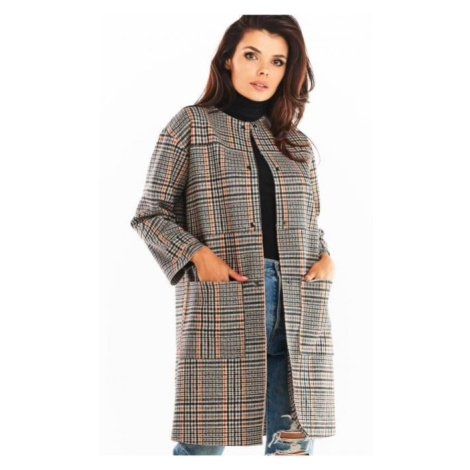 Dámský károvaný kabát bez límce v tmavě modré barvě