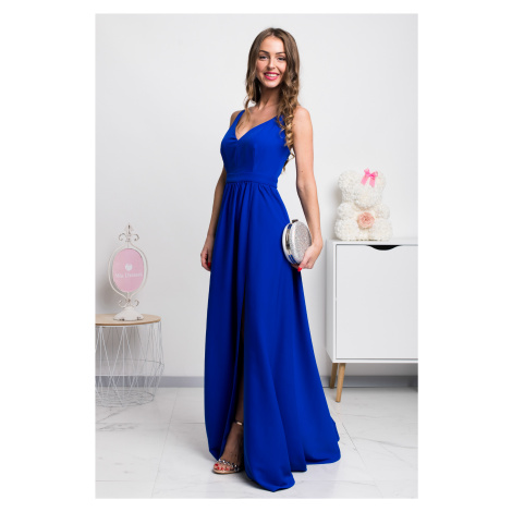 Parisse Modré dlouhé společenské šaty s rozparky