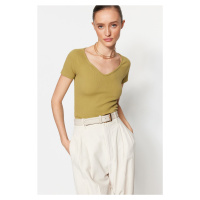 Trendyol Oil Green Fitted/Situated Ribbed Cotton, Stretchy Knit Blouse