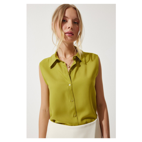 Happiness İstanbul Women's Oil Green Sleeveless Viscose Shirt