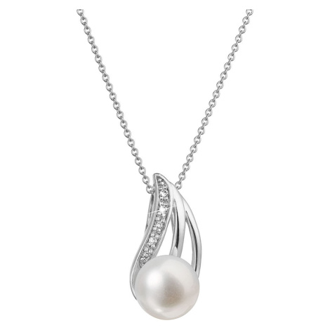 Evolution Group Zlatý 14 karátový náhrdelník bílé zlato s bílou říční perlou a brilianty 82PB000