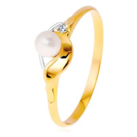 Diamantový prsten ze 14K zlata, dvoubarevné vlnky, čirý briliant a bílá perla