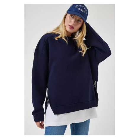 Happiness İstanbul Women's Dark Blue Zipper Detailed Raised Knitted Sweatshirt