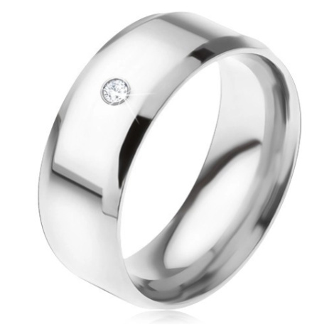 Lesklý ocelový prsten, zkosené hrany, čirý okrouhlý kamínek Šperky eshop