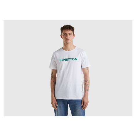 Benetton, White T-shirt In Organic Cotton With Green Logo United Colors of Benetton